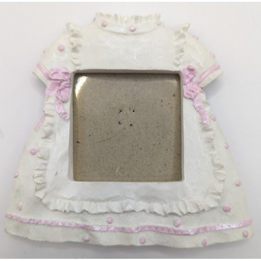 Two's Company Vintage Miniature Dress Picture Frame 2x2 Photo White Pink Ribbon